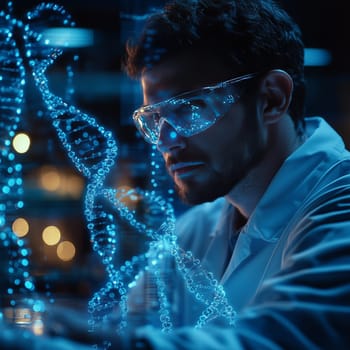 A focused scientist in a lab coat and goggles examining a glowing DNA helix in a futuristic laboratory setting, representing biotechnology and genetic research.
