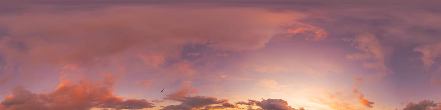 Bright sunset sky panorama with Cirrus clouds. Seamless hdr spherical equirectangular 360 panorama. Sky dome or zenith for 3D visualization, game and sky replacement for aerial drone 360 panoramas.