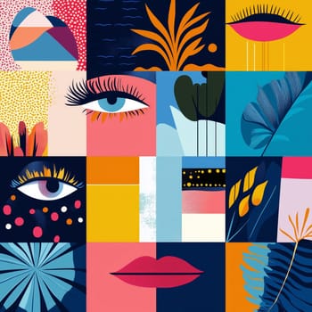 A modern abstract collage featuring eyes, lips, and botanical elements in vibrant colors, combining geometric and artistic styles.