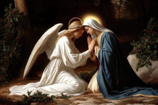 Annunciation of Blessed Virgin Mary: divine message, Archangel Gabriel, sacred encounter, holy vision, spiritual revelation, celestial messenger, blessed moment, faith obedience, heavenly dialogue