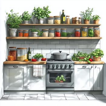 Illustration of a bright, cozy kitchen featuring potted herbs and plants on wooden shelves, creating a natural and inviting atmosphere.