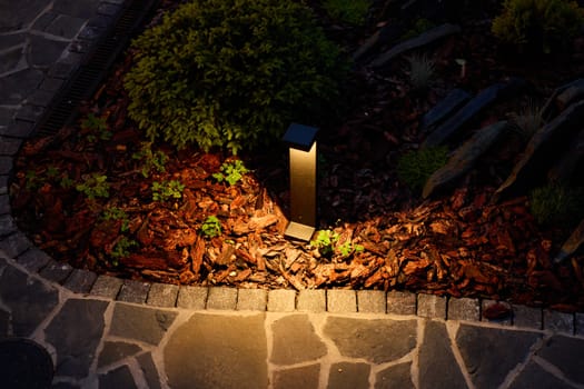 A stylish garden light beautifully illuminating a stone pathway that is surrounded by natural, stunning scenery