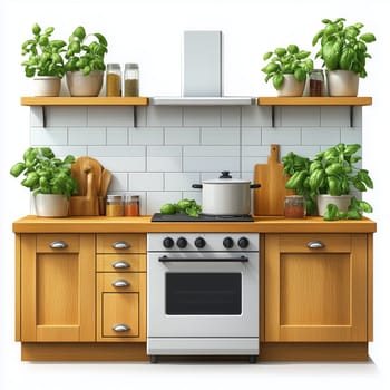 Illustration of a bright, cozy kitchen featuring potted herbs and plants on wooden shelves, creating a natural and inviting atmosphere.