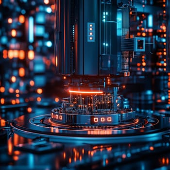 High-tech futuristic circuit board illuminated with vibrant orange and blue lights, showcasing a sci-fi inspired design and technological innovation.