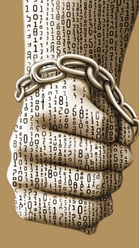 Hand formed from binary code is restrained by a chain, suggesting the concept of digital enslavement and the control of technology over humanity