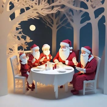 Santa Clause sitting around round white table trees moon night, color image holiday, merry christmas happy new year. High quality illustration