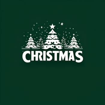 Christmas logo. The word Christmas is written in white on a green background. On top, Christmas trees in the snow are drawn in white