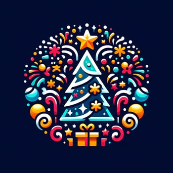 Logo on a dark bast background, which depicts a Christmas tree with many fireworks around it. Under the tree there are gifts