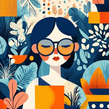 A colorful illustration of a woman wearing oversized glasses amidst lush, patterned foliage, combining modern art and nature-inspired elements.