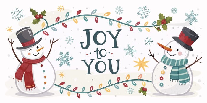 The words Joy to You are centered on the card, framed by whimsical snowmen, snowflakes, and holiday garlands, creating a playful and festive design.