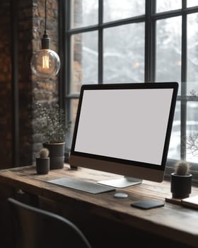 A work monitor is on a table near a window. Selective focus.