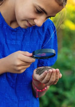 A child looks at the soil through a magnifying glass. Selective focus. Kid.