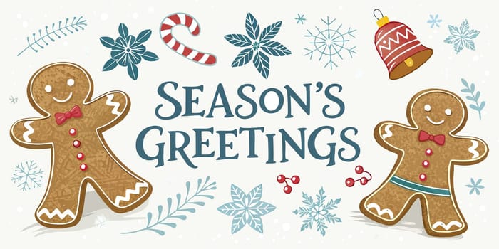 The phrase Seasons Greetings is centered on the card, framed by gingerbread men, snowflakes, and jingle bells, creating a cheerful and festive design.
