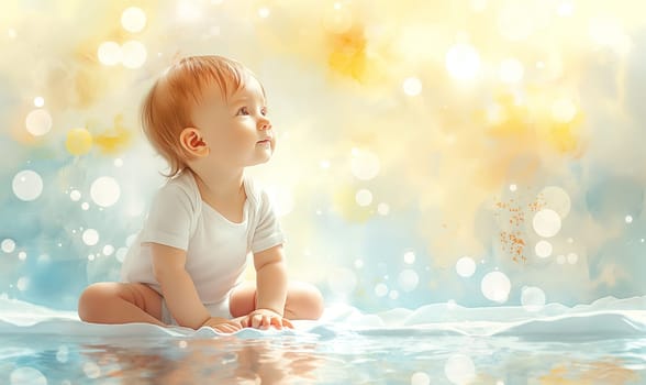 Illustration little child sitting on blurred background. Selective focus.