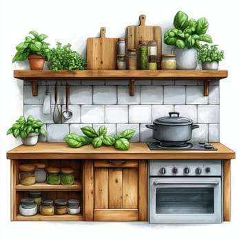 Illustration of a bright, cozy kitchen featuring potted herbs and plants on wooden shelves, creating a natural and inviting atmosphere.