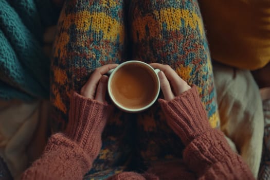 A cup of hot coffee is on the lap of a woman who is dressed in warm knitted clothes. A woman holds coffee in her hands and warms up in the winter season. High quality photo