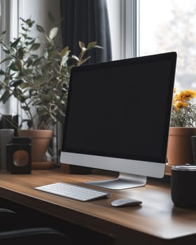 A work monitor is on a table near a window. Selective focus.