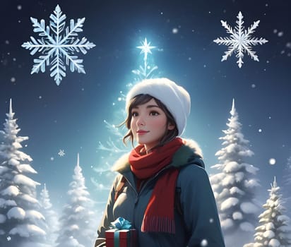 A girl among the snow spruces is holding a gift in her hands. New Year's Card 2025. High quality photo