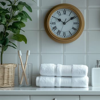 Eco-friendly bamboo toothbrushes in a glass, paired with a clock and folded white towels, promoting sustainable and minimalist bathroom essentials.
