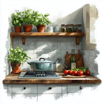 Illustration of a bright, cozy kitchen featuring potted herbs and plants on wooden shelves, creating a natural and inviting atmosphere.