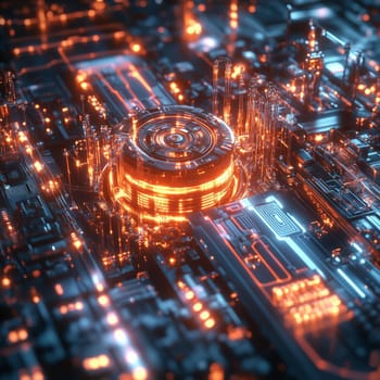 High-tech futuristic circuit board illuminated with vibrant orange and blue lights, showcasing a sci-fi inspired design and technological innovation.