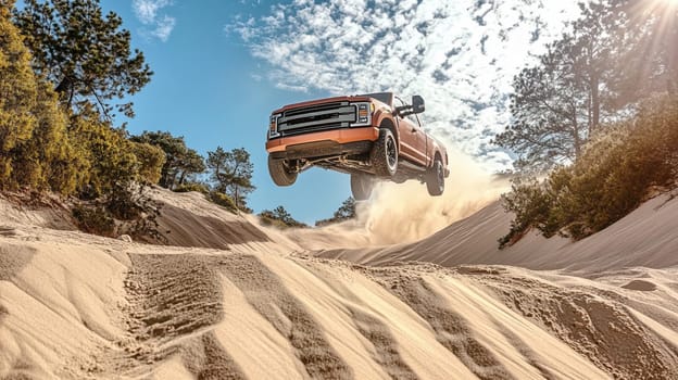 A powerful pickup truck soars over a sandy dune, kicking up dust while driving through a sunlit forested landscape, highlighting the excitement of off-road driving.