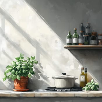 Illustration of a bright, cozy kitchen featuring potted herbs and plants on wooden shelves, creating a natural and inviting atmosphere.