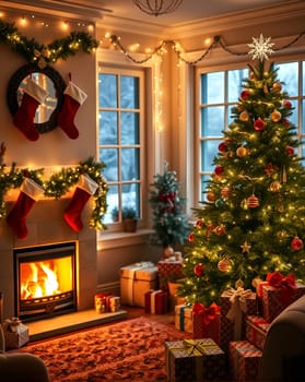 The decorated room glows with Christmas lights. In the corner of the room there is a decorated Christmas tree, and under it there are gifts. The fireplace is burning in the room