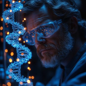 A focused scientist in a lab coat and goggles examining a glowing DNA helix in a futuristic laboratory setting, representing biotechnology and genetic research.