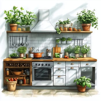 Illustration of a bright, cozy kitchen featuring potted herbs and plants on wooden shelves, creating a natural and inviting atmosphere.