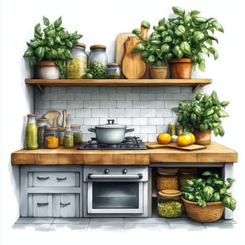 Illustration of a bright, cozy kitchen featuring potted herbs and plants on wooden shelves, creating a natural and inviting atmosphere.