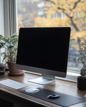 A work monitor is on a table near a window. Selective focus.