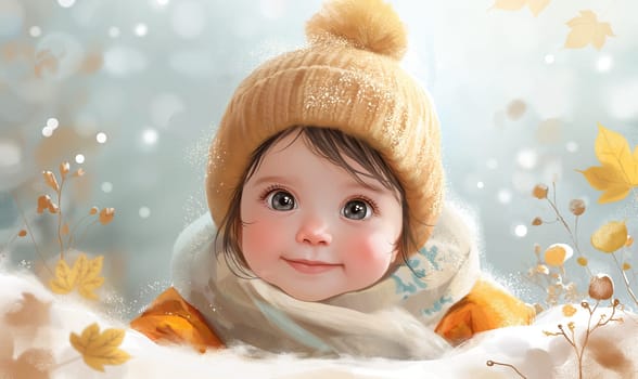 Illustration little child looking forward on blurred background. Selective focus.