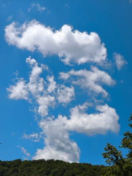 blue gray d Blue sky, white clouds, green trees background weather nature air atmosphere. Landscape High quality photo
