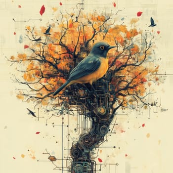 A surreal depiction of a vibrant tree intertwined with circuits and technology, surrounded by birds, symbolizing harmony between nature and innovation.