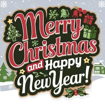 Multi-colored logo with inscription Merry Christmas and Happy New Year