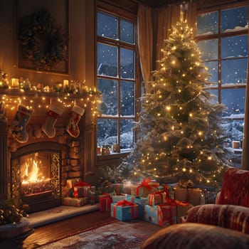 The decorated room glows with Christmas lights. In the corner of the room there is a decorated Christmas tree, and under it there are gifts. The fireplace is burning in the room