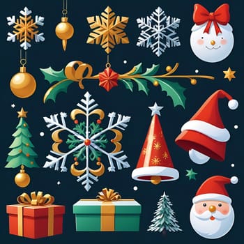 Christmas background. Set of icons on the theme of Christmas and New Year. Snowflakes, gifts, Christmas trees Santa Claus