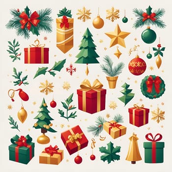 Christmas background. Set of icons on the theme of Christmas and New Year. Snowflakes, gifts, Christmas trees Santa Claus