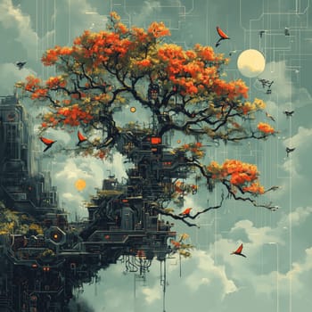 A surreal scene of a vibrant tree growing on a futuristic floating structure, surrounded by birds and circuit-like patterns in a cloudy sky.