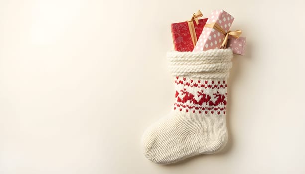 Festive Christmas stocking filled with gifts, ready for holiday cheer. High quality photo