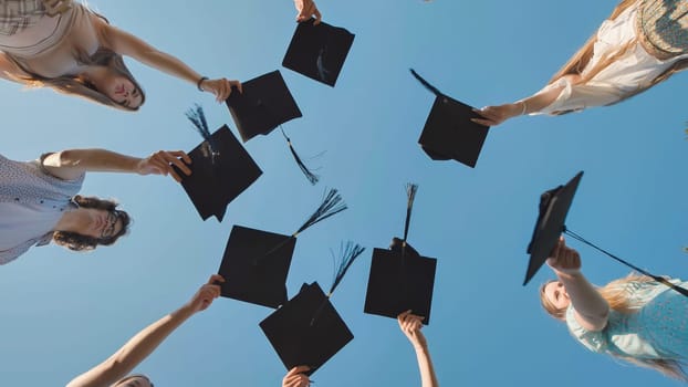 Group of recent graduates are celebrating their accomplishment by holding their graduation caps up in the air