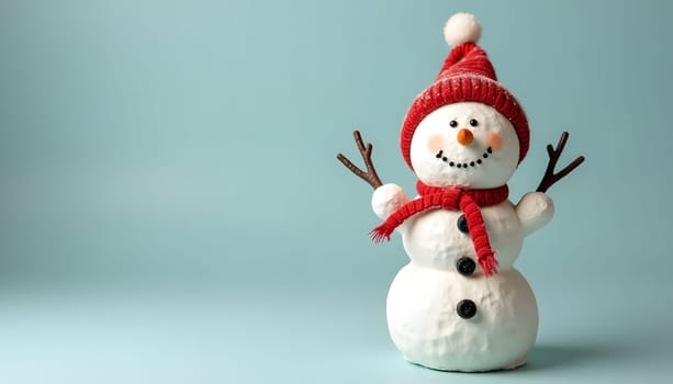 Charming snowman figurine set against a soft blue backdrop. High quality photo