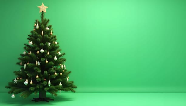 A bright green Christmas tree with shimmering decorations, set against a solid color background for a clean and festive look. Ideal for holiday themes and seasonal designs