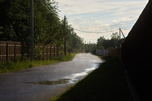 A tranquil rural road after rain mirrors clouds and greenery, perfect for capturing peaceful landscapes
