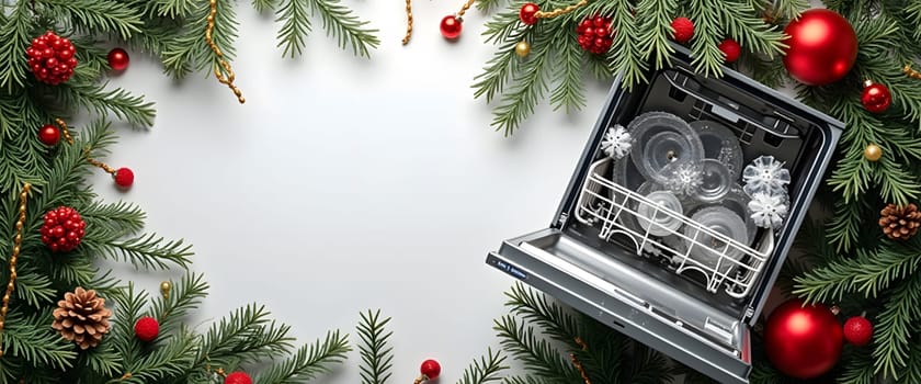 Dishwasher with fir branches, ornaments, and lights for a cozy Christmas feel