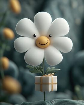 3d cartoon smiling flower on a colored background. Selective focus.