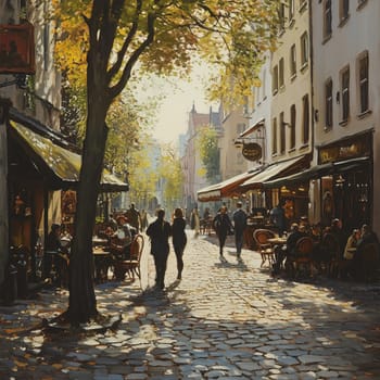 A picturesque cobblestone street lined with outdoor cafes and trees, bathed in warm autumn light, creating a cozy and inviting atmosphere.