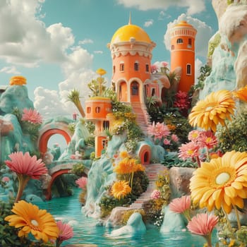 A colorful fantasy castle surrounded by whimsical clouds, abstract shapes, and surreal details, creating a vibrant and imaginative dreamlike scene.