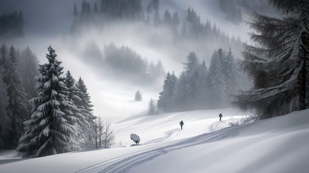 Two people are cross-country skiing on a snow-covered mountain path surrounded by pine trees and fog - Generative AI